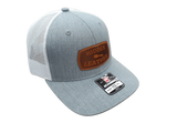 Grey/White Richardson Youth Hat with custom laser engraved leather patch sewn on front