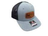 Grey/Black Richardson Youth Hat with custom laser engraved leather hat patch sewn on the front.
